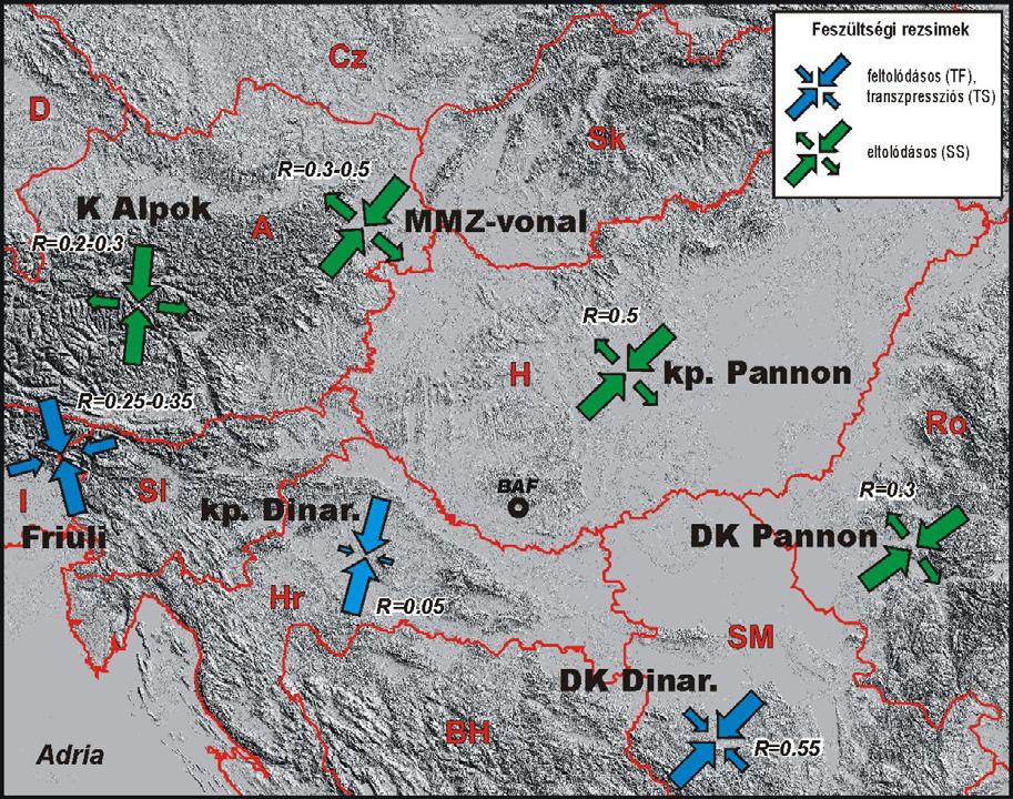 Feszültségtér Európában és a Pannon-medence térségében 5.19. ábra Földrengés fészekmechanizmus megoldásokból rekonstruált feszültségi provinciák a Pannon-térség főbb szerkezeti egységeiben.