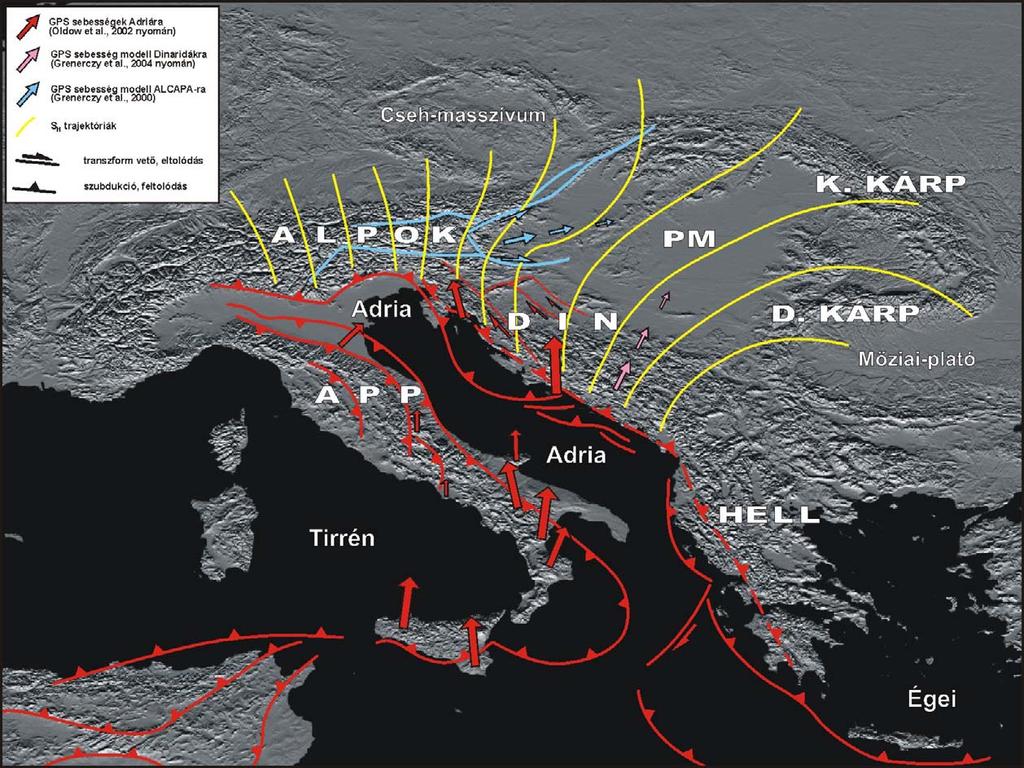 5.22. ábra Az Alpi-Mediterrán rendszer központi részének jelenkori geodinamikai képe a főbb lemezhatárokkal, a fontosabb aktív