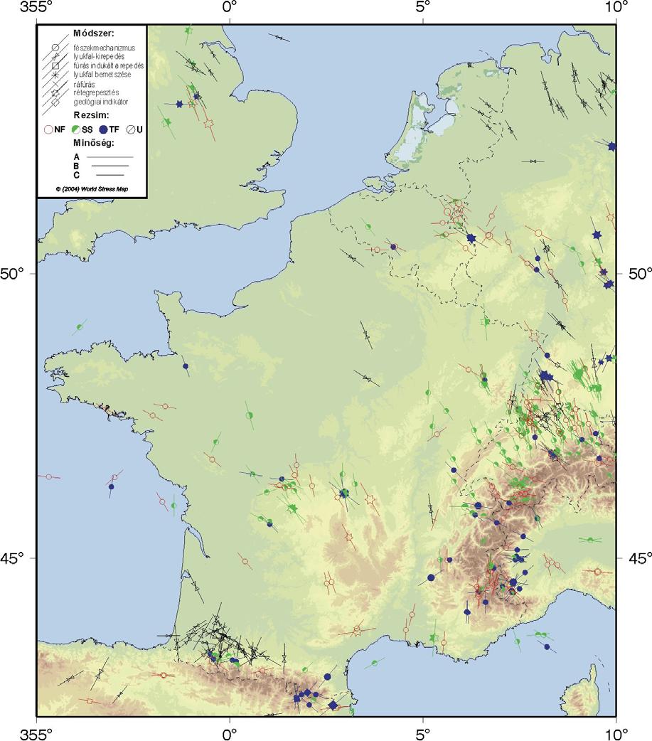Feszültségtér Európában és a Pannon-medence térségében 4.3. ábra A legnagyobb horizontális feszültség iránya Franciaországban (Reinecker et al., 2004).