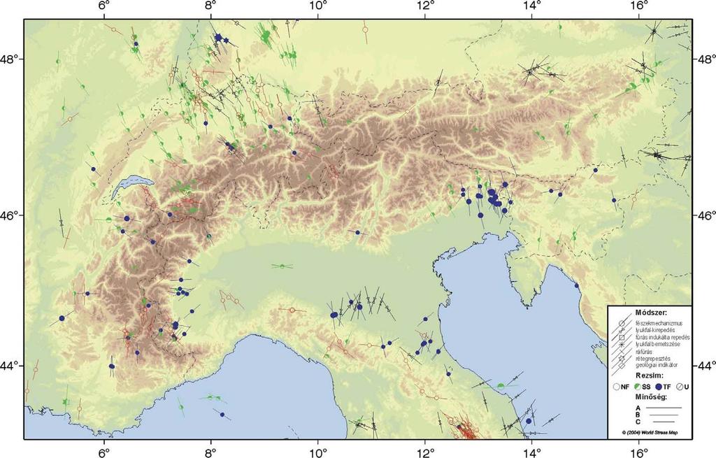 4.5. ábra A legnagyobb horizontális feszültség iránya az Alpokban (Reinecker et al.