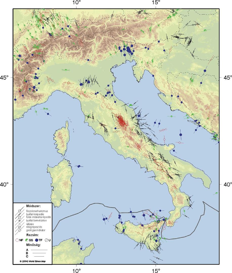 Feszültségtér Európában és a Pannon-medence térségében 4.8. ábra A legnagyobb horizontális feszültség iránya Olaszországban (Reinecker et al., 2004).