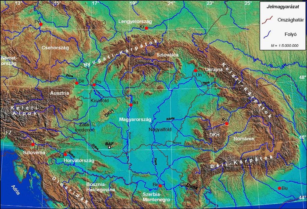 5.1. ábra A kőzetfeszültségi viszonyok részletes elemzése alá vont területek helyszínrajza a Pannon-medence térségében. A digitális terepmodell (SRTM adatbázis Rabus et al.