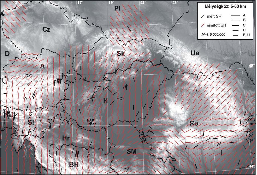 5.11. ábra A Pannon-térség jelenkori feszültségállapota 5-50 km mélység-tartományban földrengés fészekmechanizmus megoldásokból származó
