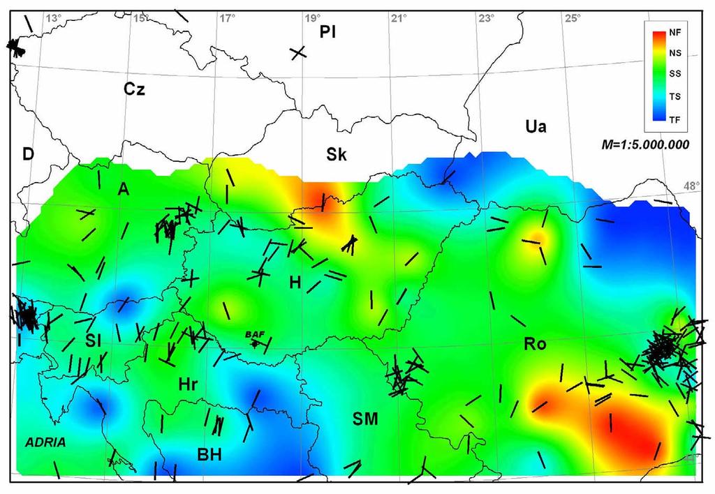 5.17. ábra A feszültségi rezsimek és tektonikai stílus a földrengés simított és interpolált képe alapján, valamint a fészekmechanizmus megoldások szerinti S H irányok a Pannon-térségben.