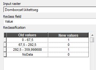 pontban bemutatott osztályozást, a Reclassify műveletet. A bemenő állomány a kitettseg, a kimenő állomány legyen jo_kitett.