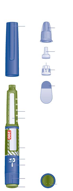 Tresiba előretöltött injekciós toll és tű (példa) (FlexTouch) Az injekciós toll kupakja Külső tűsapka Belső tűsapka Tű Papír védőlap Az inzulin mennyiségét jelző skála