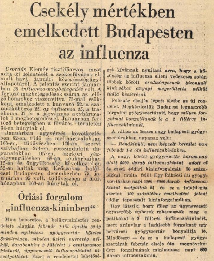 Minden esetre - bár az objektív járványhelyzet nem volt súlyos -, mivel a napilapok révén a lakosság villámgyorsan értesült a kétfilléres influenza chinin akcióról (ezt népkininnek is nevezték),