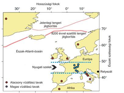 2 Gyors klímaváltozások a holocénben (11700 évtől napjainkig) a visszafordulási pont délebbre helyeződése, hűtő hatással van Európa éghajlatára, melynek egyik eredménye a tengeri jégtáblák időszakos