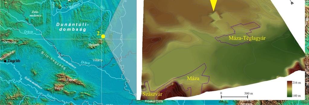 8. ábra A Máza, téglagyári szelvény elhelyezkedése a Kárpát-medencében és a szűkebb környezetében (a szelvény helyét a sárga nyíl jelöli) 4.2.