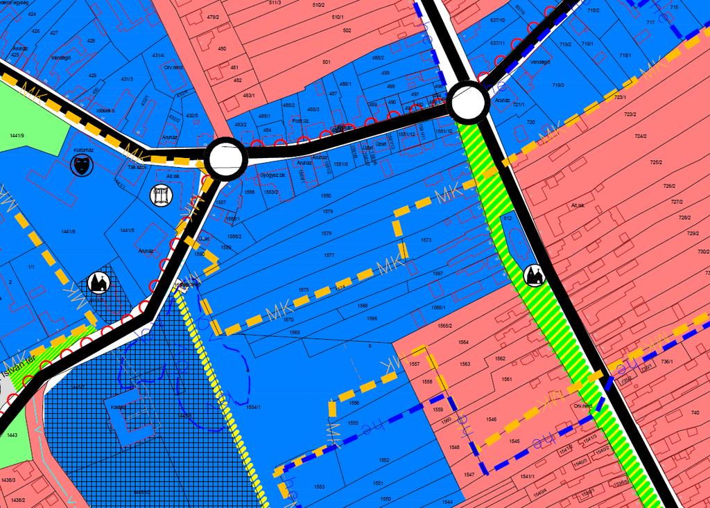 A hatályos településszerkezeti terv kivágata Mándok Településrendezési Tervének módosításához Forrás: Mándok Város Önkormányzata A tervezett út törlése