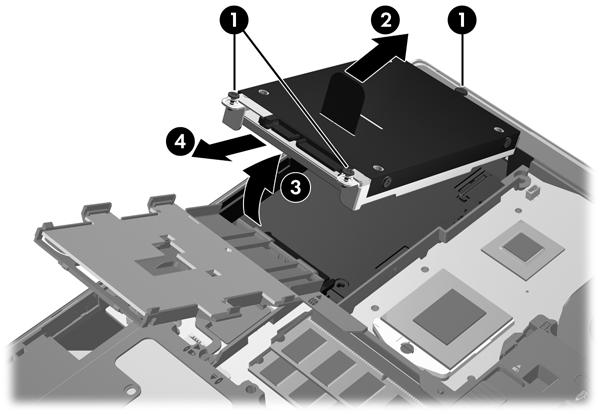 9. A műanyag fül segítségével ferdén emelje fel a merevlemez-meghajtó csatlakozó oldalát, (3) majd távolítsa el a meghajtót (4) a számítógépből. A ProBook merevlemez-meghajtójának eltávolítása: 1.
