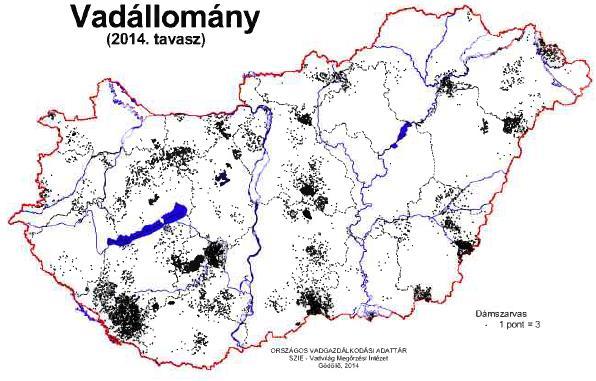 6.2. Gazdálkodás a dámmal 6.2.1. Hazai elterjedése, dinamikája, hasznosítása: 47. ábra: A dámszarvas területi eloszlása, becsült létszáma és terítéke Forrás: Csányi-Tóth-Kovács-Schally (szerk.