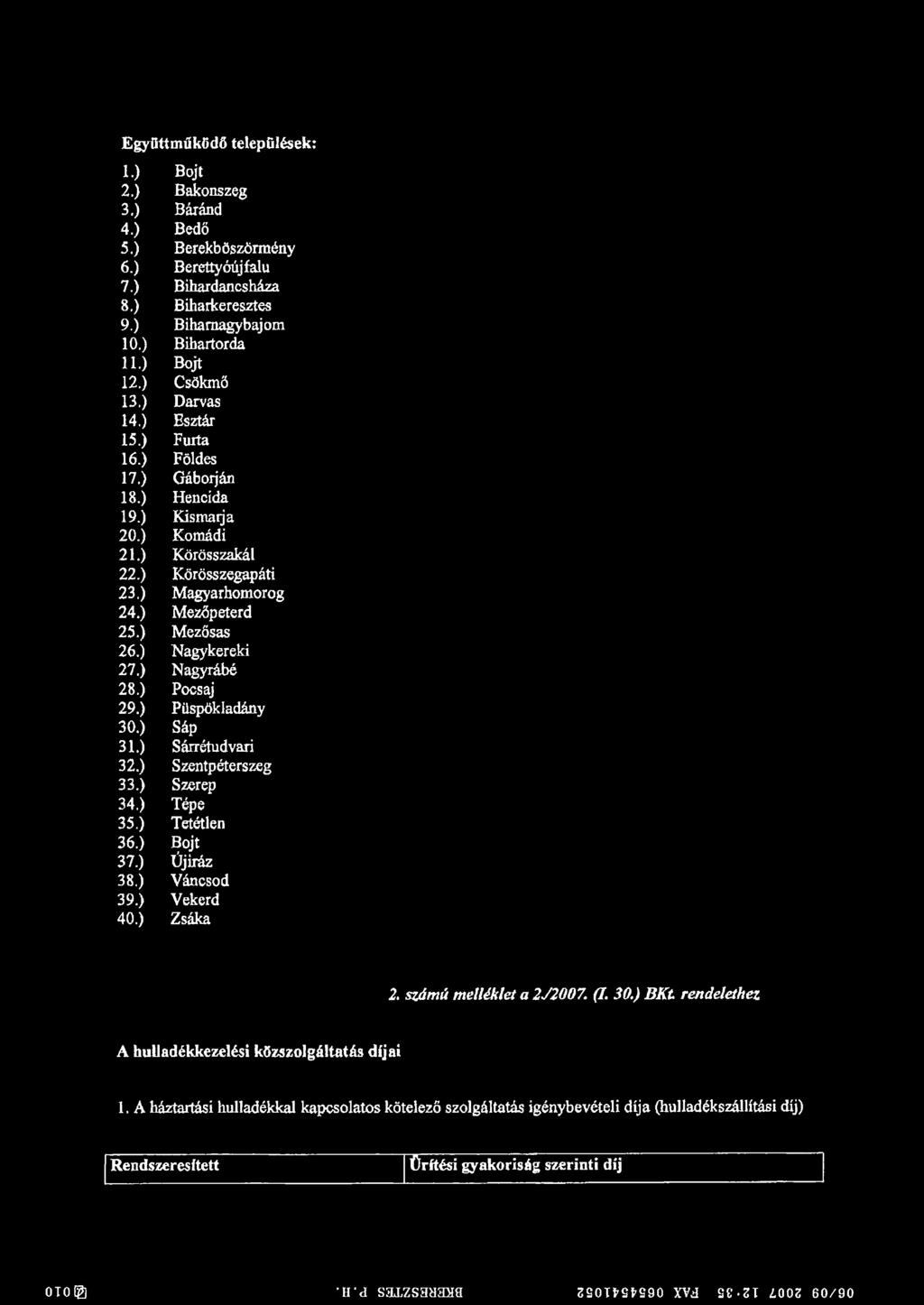 ) Nagykereki 27.) Nagyrábé 28.) Pocsaj 29.) Püspökladány 30.) Sáp 31.) Sárrétudvari 32.) Szentpéterszeg 33.) Szerep 34.) Tépe 35.) Tetétlen 36.) Bojt 37.) Újiráz 38.) Váncsod 39.) Vekerd 40.) Zsáka 2.