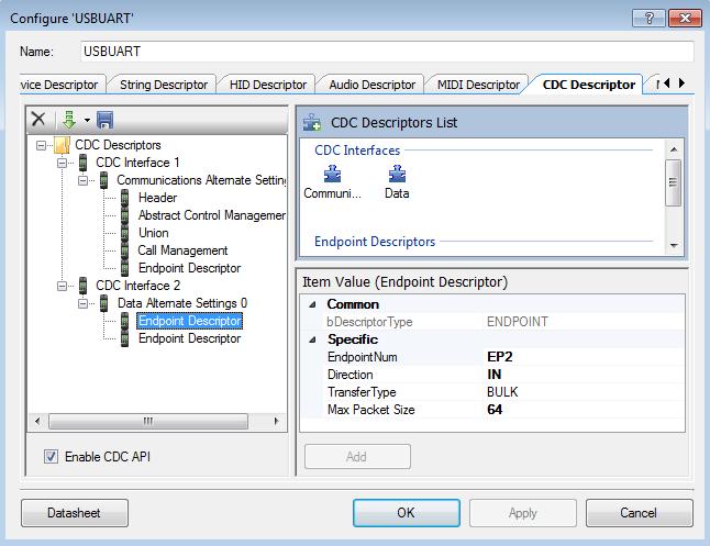 USBFS_UART01 projekt Az USB_CDC eszközosztályhoz négy végpontot rendelünk: EP2 Bulk IN, 64 bájt adatcsatorna EP3 Bulk, OUT, 64