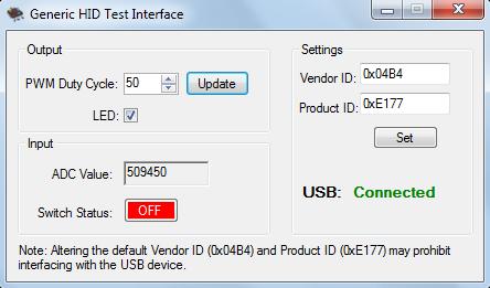 Programletöltés, futatás A PC aekaemazáshoz a Generic HID UI.exe program meeeet a CyUSB.