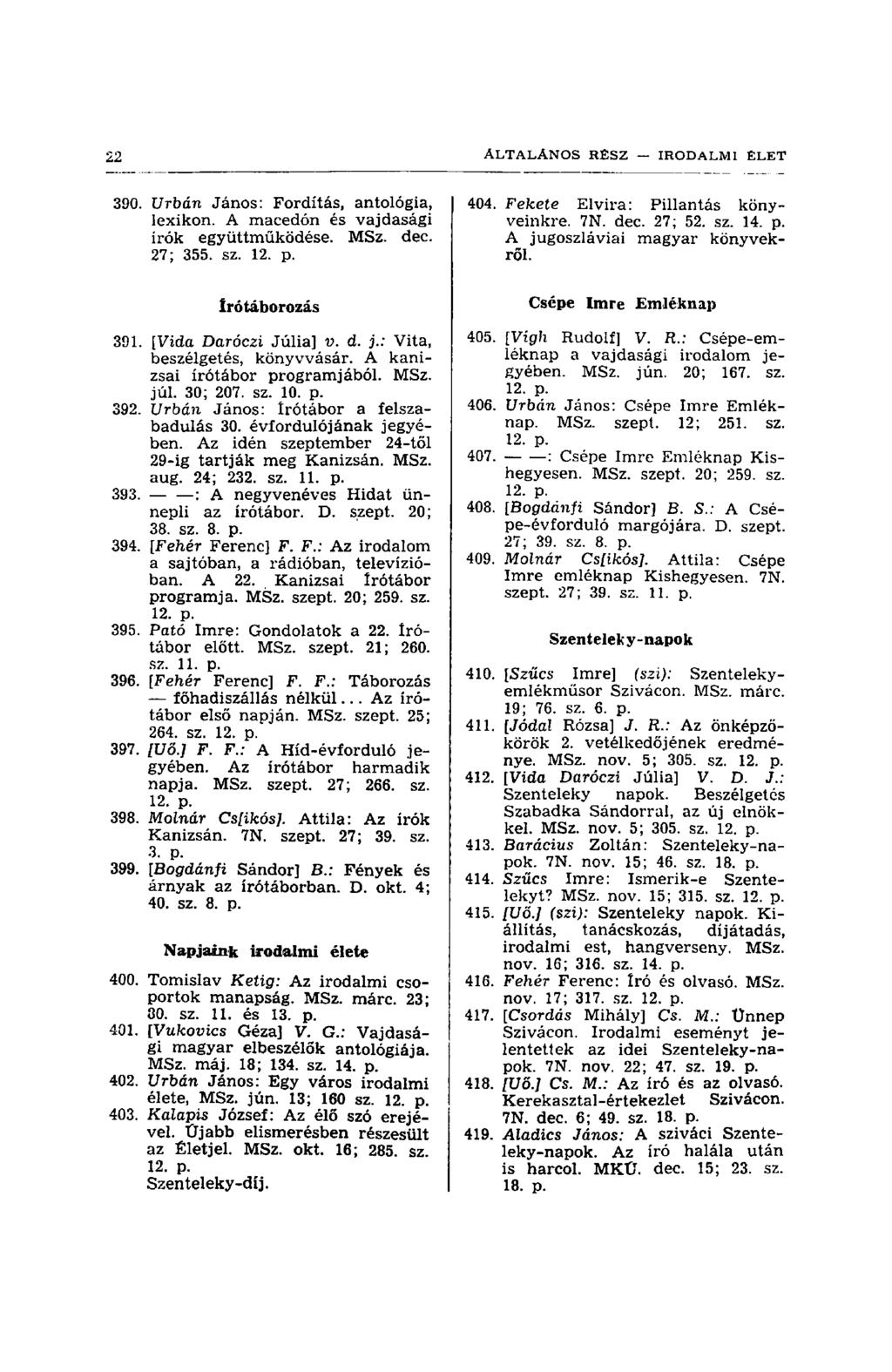 390. Urban János: Fordítás, antológia, lexikon. A macedón és vajdasági írók együttműködése. MSz. dec. 27; 355. sz. 404. Fekete Elvira: Pillantás könyveinkre. 7N. dec. 27; 52. sz. 14. p.