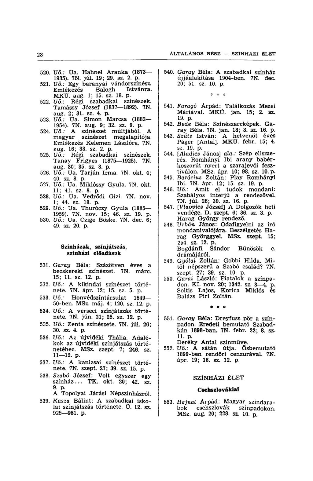 520. Uő.: Ua. Hahnel Aranka (1873 1935). 7N. júl. 19; 29. sz. 2. p. 521. Uő.: Egy baranyai vándorszínész. Emlékezés Balogh Istvánra. MKÜ. aug. 1; 15. sz. 18. p. 522. Uő.: Régi szabadkai színészek.