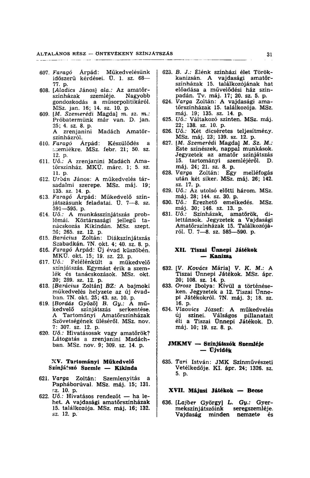 607. Faragó Árpád: Műkedvelésünk időszerű kérdései. Ü. 1. sz. 68 77. p. 608. [Aladics János] ala.: Az amatőrszínházak szemléje. Nagyobb gondoskodás a műsorpolitikáról. MSz. jan. 16; 14. sz. 10. p. 609.
