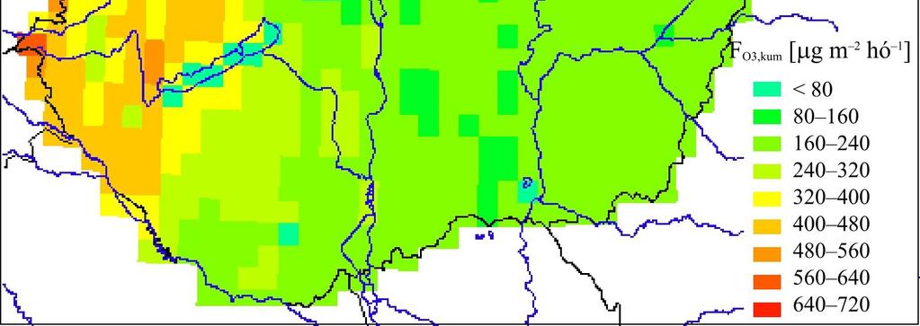 4.2.2 A kumulatív ózonfluxus eloszlása A ózonfluxus térképek az ülepedési sebesség térképekhez képest kissé módosulnak az ózonkoncentráció eloszlás függvényében. A 10.