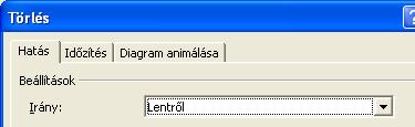 A listában immár megjelent diagram animációt gördítsd le és válaszd az Effektus beállításai parancsot. 21.6. A párbeszédablak Hatás lapján az irány legyen Lentről: 21.7.