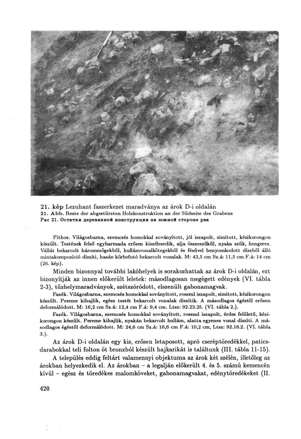 21. kép Lezuhant faszerkezet maradványa az árok D-i oldalán 21. Abb. Reste der abgestürzten Holzkonstruktion an der Südseite des Grabens Рис 21.