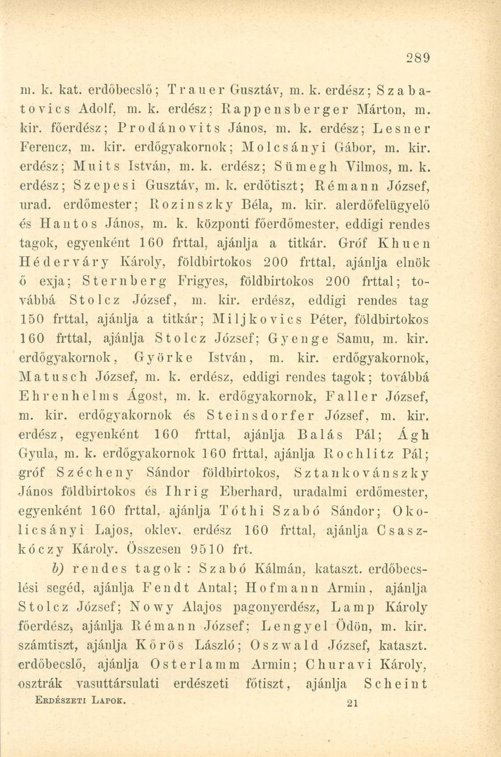 m. k. kat. érdőbecslő; Trauer Gusztáv, m. k. erdész; Szabatovics Adolf, m. k. erdész; Rappensberger Márton, m. kir. főerdész; Prodánovits János, m. k. erdész; Lesner Ferencz, m. kir. erdőgyakornok; Molcsányi Gábor, m.