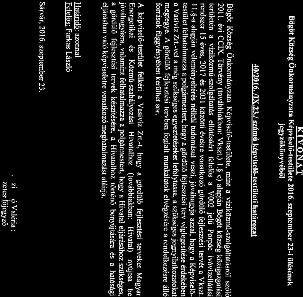 40/2016. /IX.23./ számú képviselő-testületi határozat jegyző könyvéből 1 1.*-a alapján véleményeltérés nélkül tudomásul veszi, jóváhagyja azzal, hogy a Képviselő Sárvár, 2016. szeptember 23.