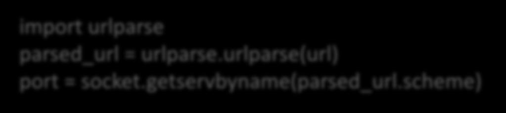 getservbyname(parsed_url.scheme) getservbyport() print urlparse.urlunparse( (socket.