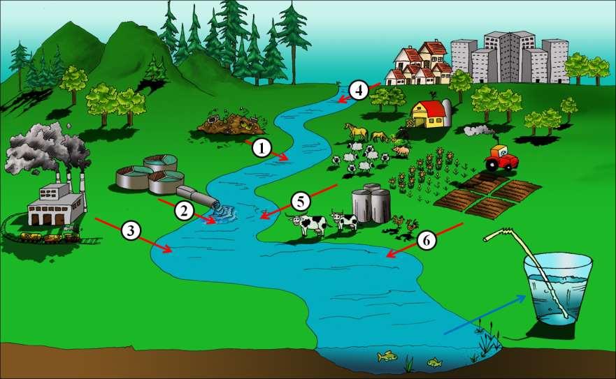 Szennyezőanyagok a vízi környezetben hulladéklerakók (1), szennyvíztisztító telepek (2), ipari tevékenység (3),