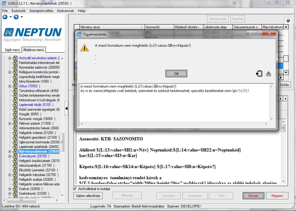 Mező formátum hibára figyelmeztető üzenet 1.1.4.10.