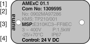 Azonosítás AMExC 01.1 Vezérlés típustábla leírása Kép 4: Típustábla vezérlés [1] Típus megnevezése [2] Komissiózási szám [3] Kapcsolási rajz [4] Vezérlés Típus megnevezése Vezérlés AMExC 01.