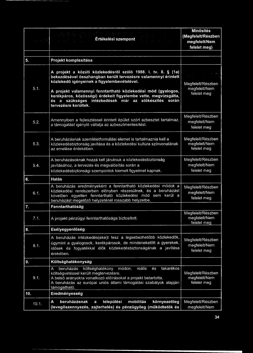 Értékelési szempont Minősítés (Megfelelt/Részben megfelelt/nem felelet meg) 5. Projekt komplexitása 5.1. A projekt a közúti közlekedésről szóló 1988. I. tv. 8.