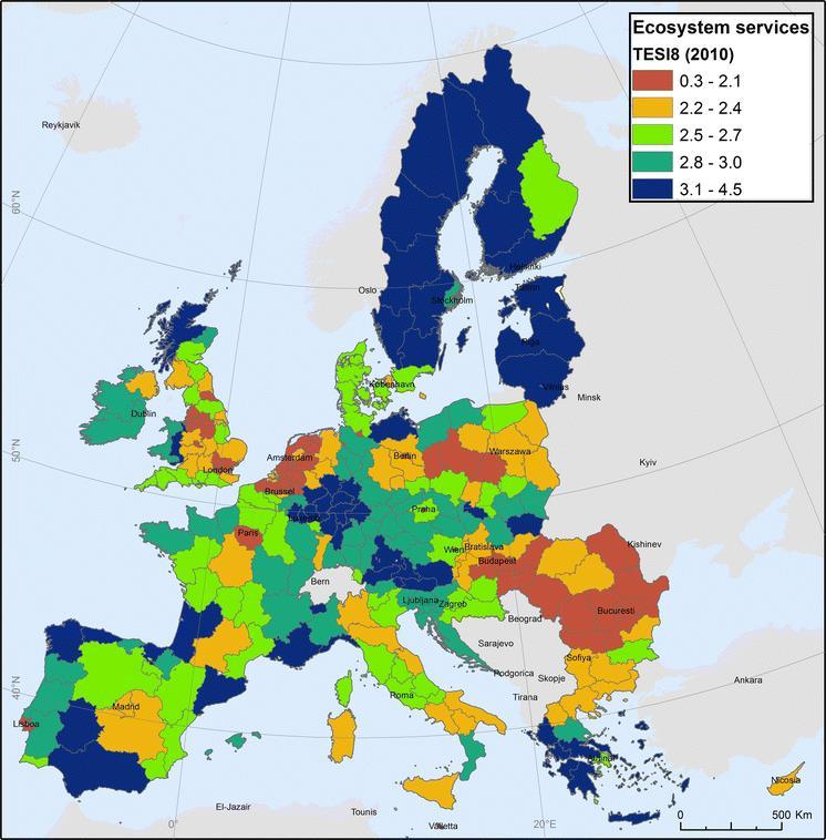 Spatial pattern of the total ecosystem services index (TESI8) based on the sum of eight