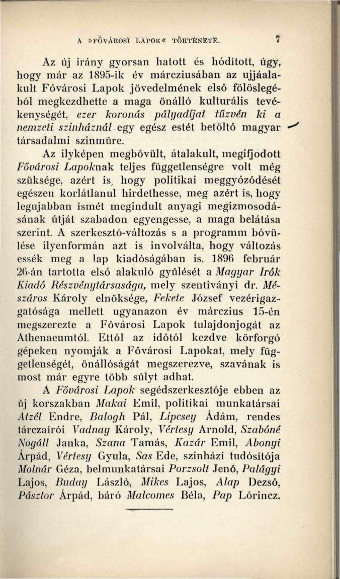 A»FŐVÁROSI LAPOK«TÖRTÉNETE.