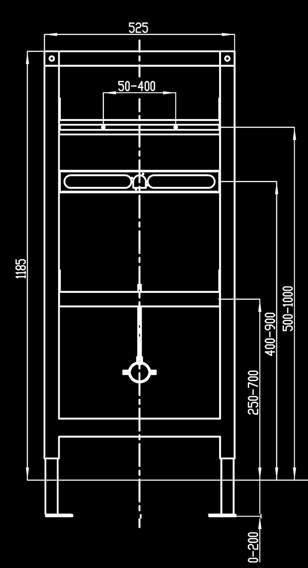 elfolyókönyök DN 50, megerősített piszoártartó, rögzítőanyagokkal. Magasággállítás: 525x1185 mm.