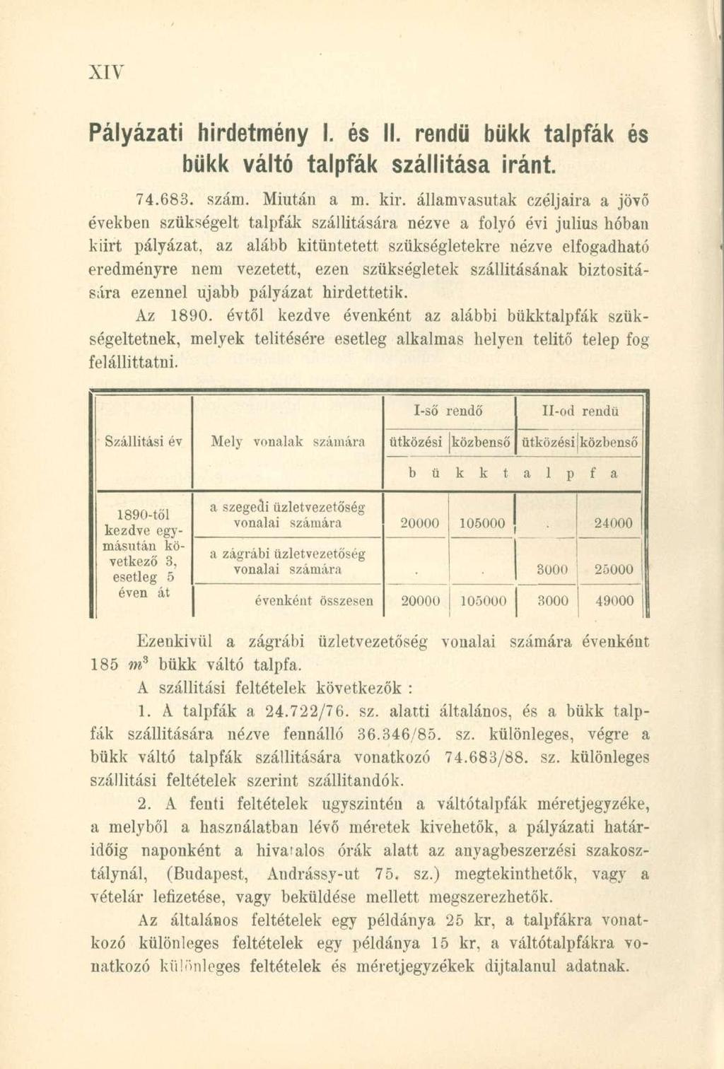 Pályázati hirdetmény I. és II. rendű bükk talpfák és bükk váltó talpfák szállítása iránt. 74.683. szám. Miután a m. kir.