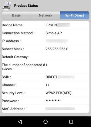 Hálózati állapotlap Termékállapotlap ehhez: Web Config Indítson el egy webböngészőt a csatlakoztatott eszközről, majd adja meg az IP-címet a Wi-Fi Direct (Egyszerű hozzáférési pont)