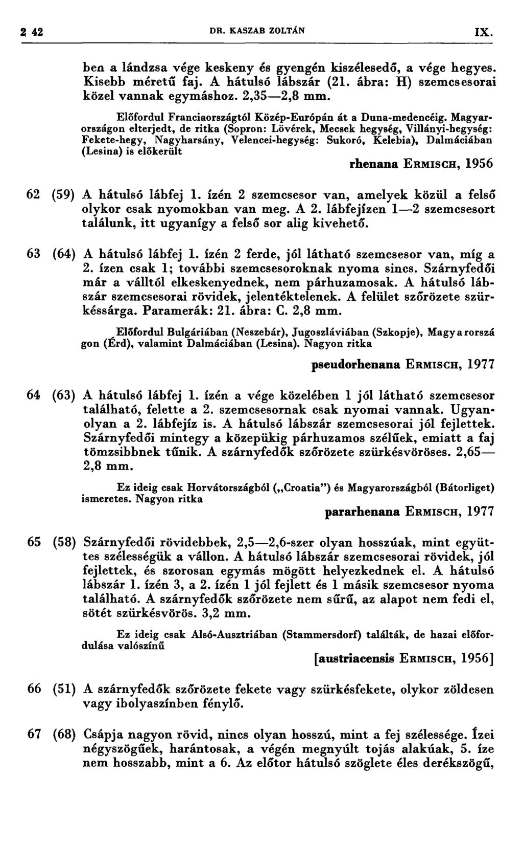 2 42 DR. KASZAB ZOLTÁN 1x ben a lándzsa vége keskeny és gyengén kiszélesedő, a vége hegyes. Kisebb méretű faj. A hátulsó lábszár (21. ábra: H) szemcsesorai közel vannak egymáshoz. 2,35-2,8 mm.