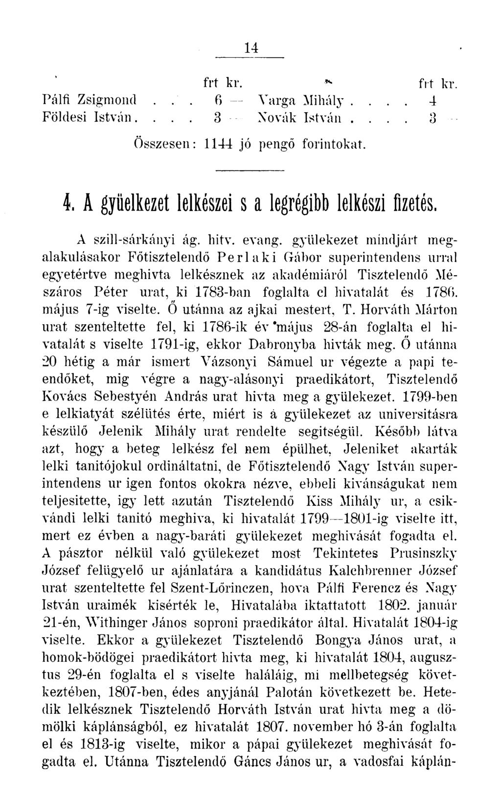 14 frt kr. * fit kr. Pálfi Zsigmond... 6 Varga Mihály.... 4 Földesi István.... 3 Nóvák István.... 3 Összesen: 1144 jó pengő forintokat. 4. A gyüelkezet lelkészei s a legrégibb lelkészi fizetés.