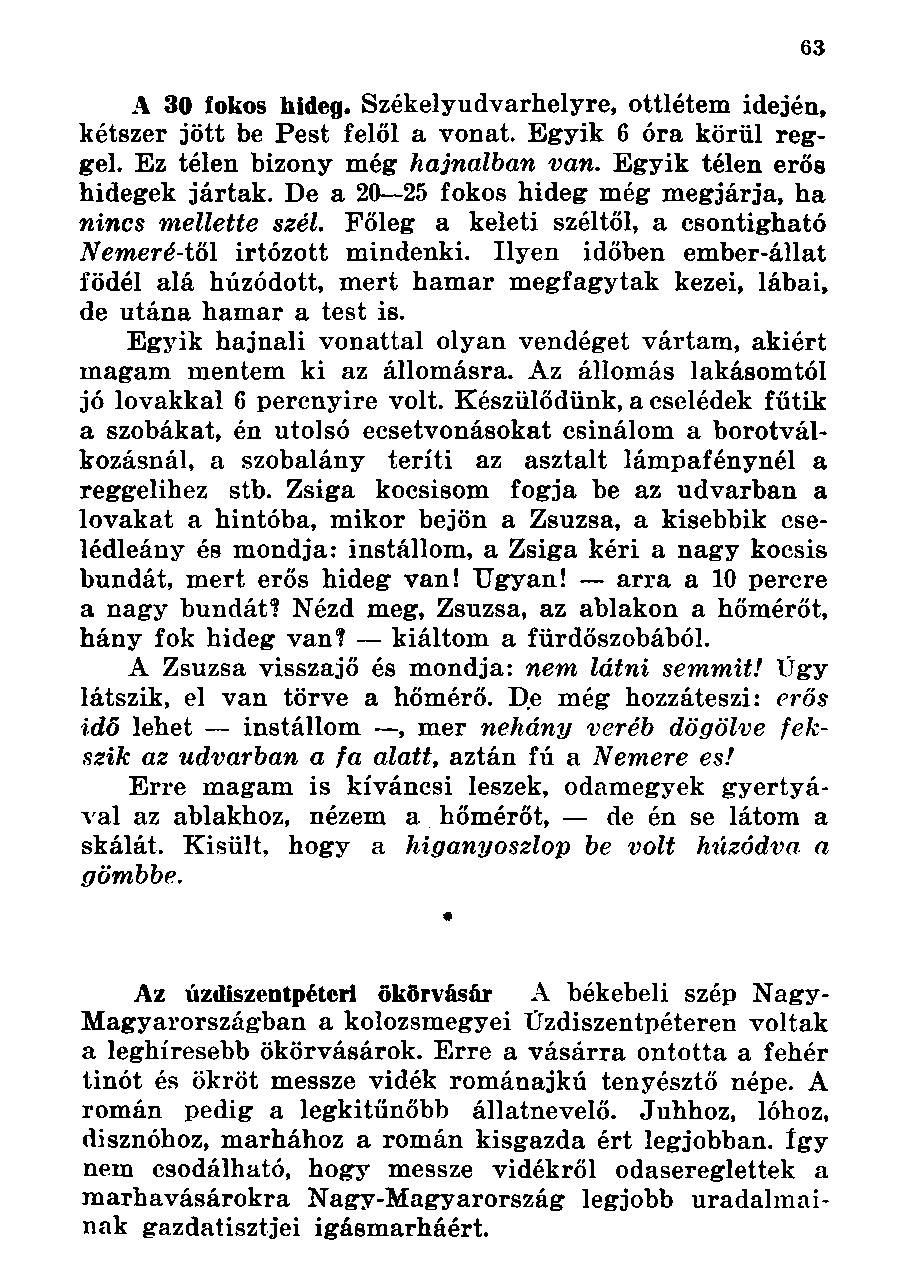 A 30 fokos hideg. Székelyudvarhelyre, ottlétem idején, kétszer jött be Pest felől a vonat. Egyik 6 óra körül reggel. Ez télen bizony még hajnalban van. Egyik télen erős hidegek jártak.
