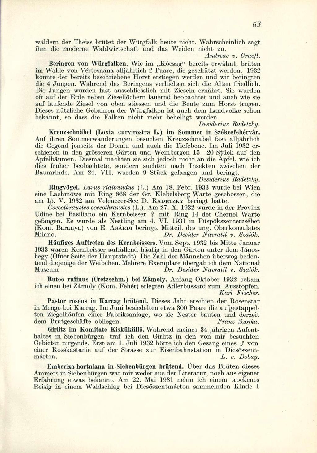 wáldern der Theiss brütet der Würgfalk heute nicht. Wahrscheinlich sagt ihm die moderné Waldwirtschaft und das Weiden nicht zu. Andreas v. Graefl. Beringen von Würgfalken.