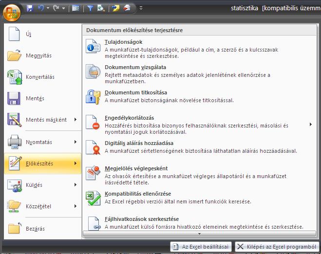 50 2007-es MS Word újdonságok Az Előkészítés almenü Fontos tudni, hogy mivel a korábbi Eszközök menü megszűnt, az Office gombból legördíthető menü alján látható A Word beállításai gombot kell