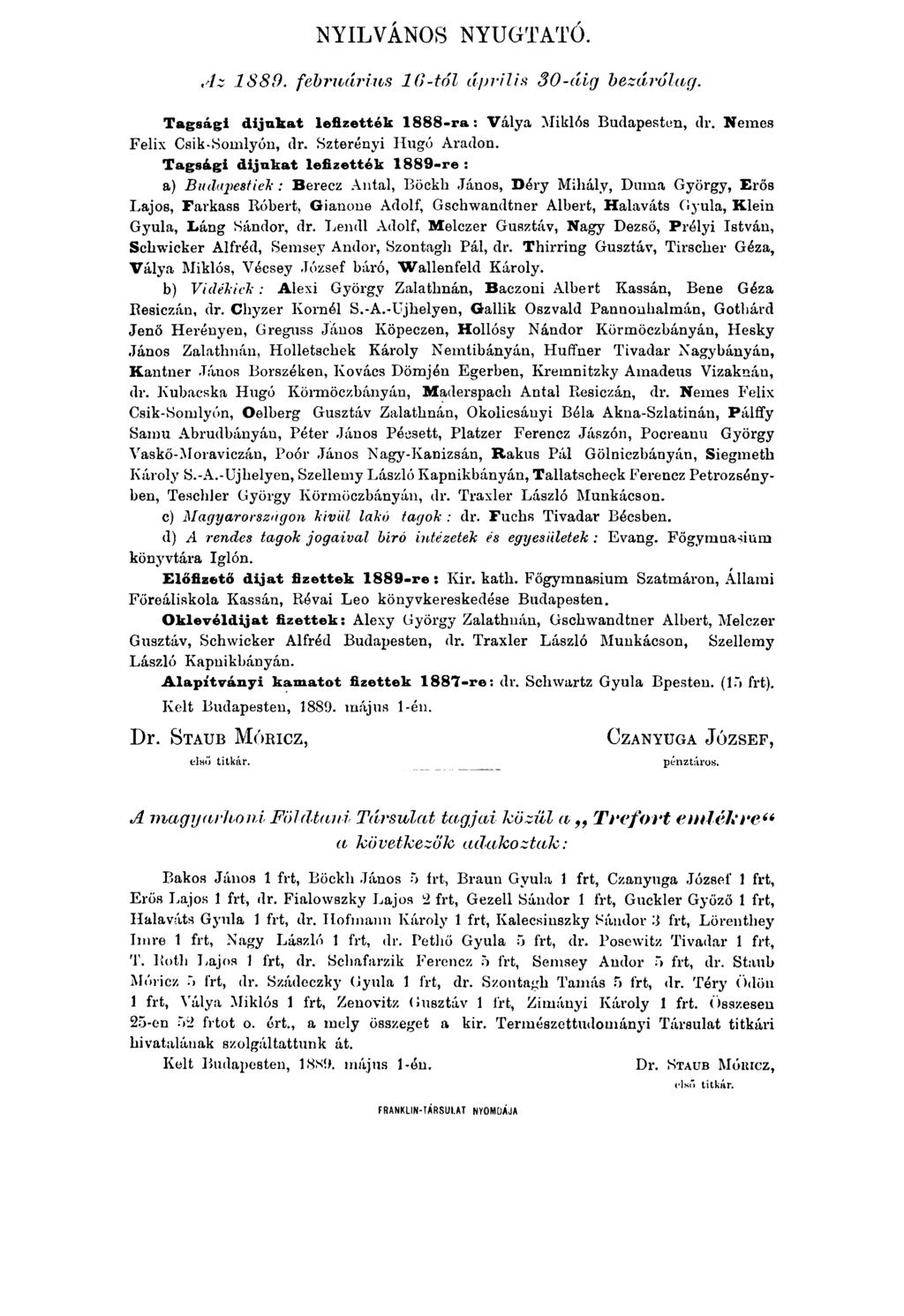 NYILVÁNOS NYUGTATÓ. Az 1S89. februárius 1 0 -tói április 30-áig bezárólag. Tagsági dijukat lefizették 1888-ra: Válya Miklós Budapesten, dr. Nemes Felix Csik-Somlyón, dr. Szterényi Hugó Aradon.