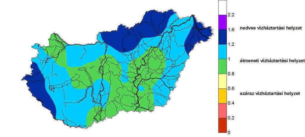 vízháztartási helyzet lehetséges. Viszonylag nedves vízháztartási állapot csak az ország délnyugati, illetve az északi-északkeleti peremvidékén várható.