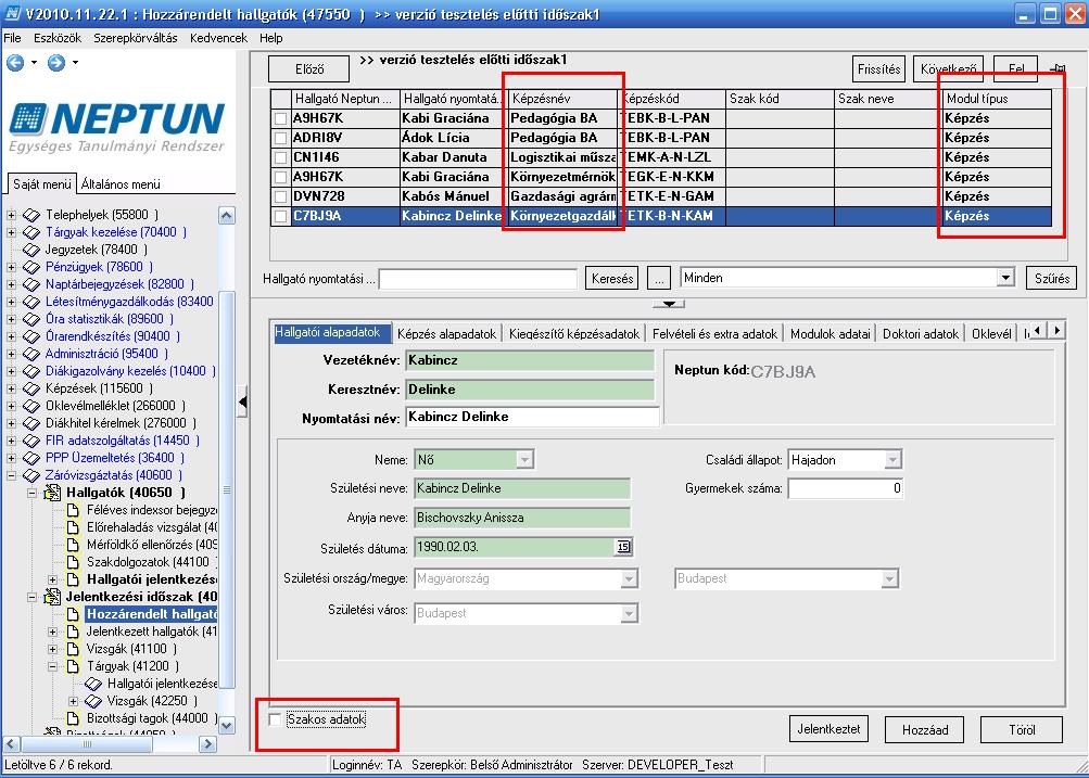 A felületen található a Szakos adatok jelölőnégyzet. Ha nincs bepipálva a jelölőnégyzet, akkor a jelentkezett hallgató képzését láthatjuk.