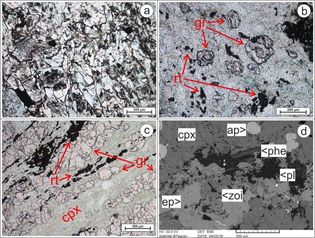 75 4. ábra: A Pó-1 és Pó-2 lelőhelyről származó kőzetblokkok szövete és jellemző ásványfázisai polarizációs mikroszkópi (1N) felvételeken (a-c), illetve visszaszórt elektron képen (d) 4a: