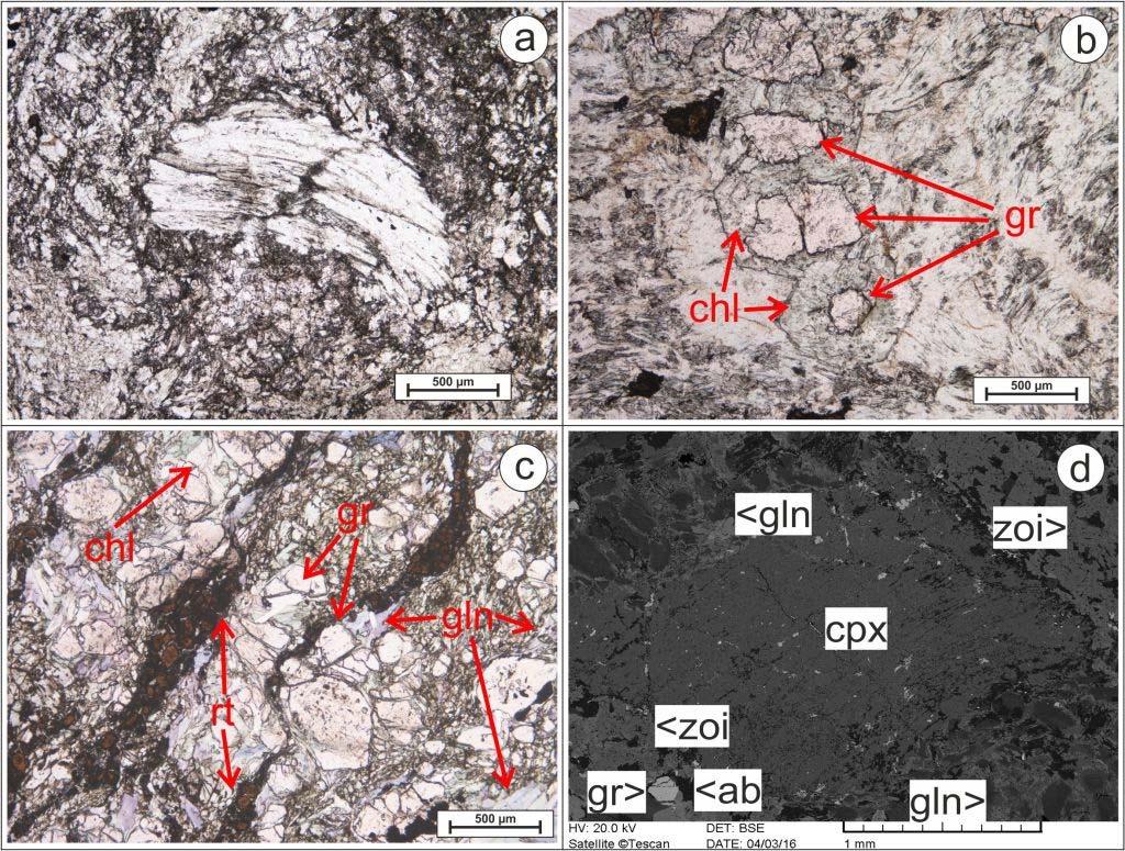76 5. ábra: A Curone völgyéből származó kőzetblokkok szövete és jellemző ásványfázisai polarizációs mikroszkópi (1N) felvételeken (a-c), illetve visszaszórt elektron képen (d) 5a: Nagyméretű