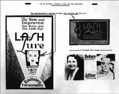 Társadalmi feledékenység - U.S.A. 1933: Lash Lure parafeniléndiamin (PPD anilin) tartalmú szempilla és szemöldök festék (Cosmetic Manufacturing Company, LA, California).