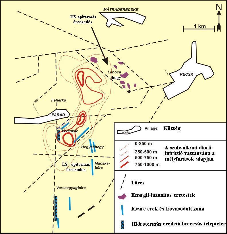 jelentkeznek az átlagosan 500-700 m vastag, zömmel Cu±Au±Mo porfíros ércesedést hordozó szubvulkáni testek (10. ábra). 10.