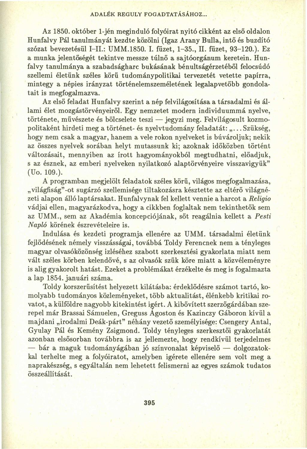 ADALÉK REGULY FOGADTATÁSÁHOZ... Az 1850.